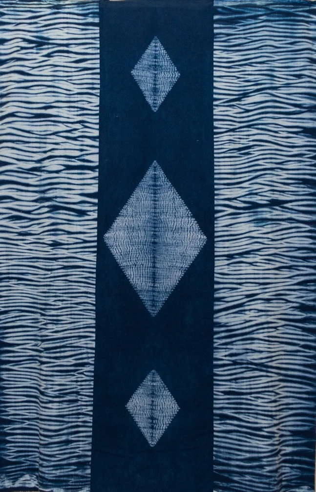 "Untitled ELA #4 – Shibori Wall Hanging" by Elmer Lucille Allen, Natural Silk Noil – Three Panels - Stitched Resist and Pole Wrapped – Dyed Blue, $1000 | BUY NOW