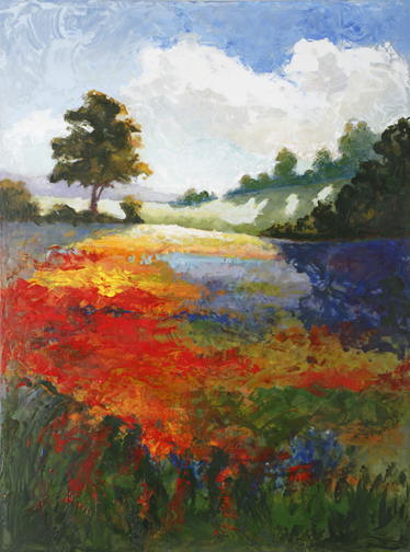 "Dance of the Texasbonnets and Indian Paintbrush" by Catherine Bryant, 48x36in, encaustic & oil on canvas (2016), $3500 | BUY NOW