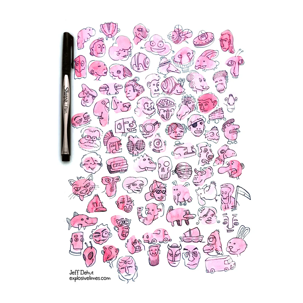 "Watercolor Faces" by Jeff Dehut, 8.5x11in, watercolor & micron pen (2016)