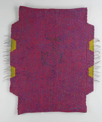 " Flower Garden Boogie Woogie" by Denise Furnish, 48x53in, worn and discarded flower basket crib quilt, acrylic,telephone wire, tablecloth, $1200 | BUY NOW