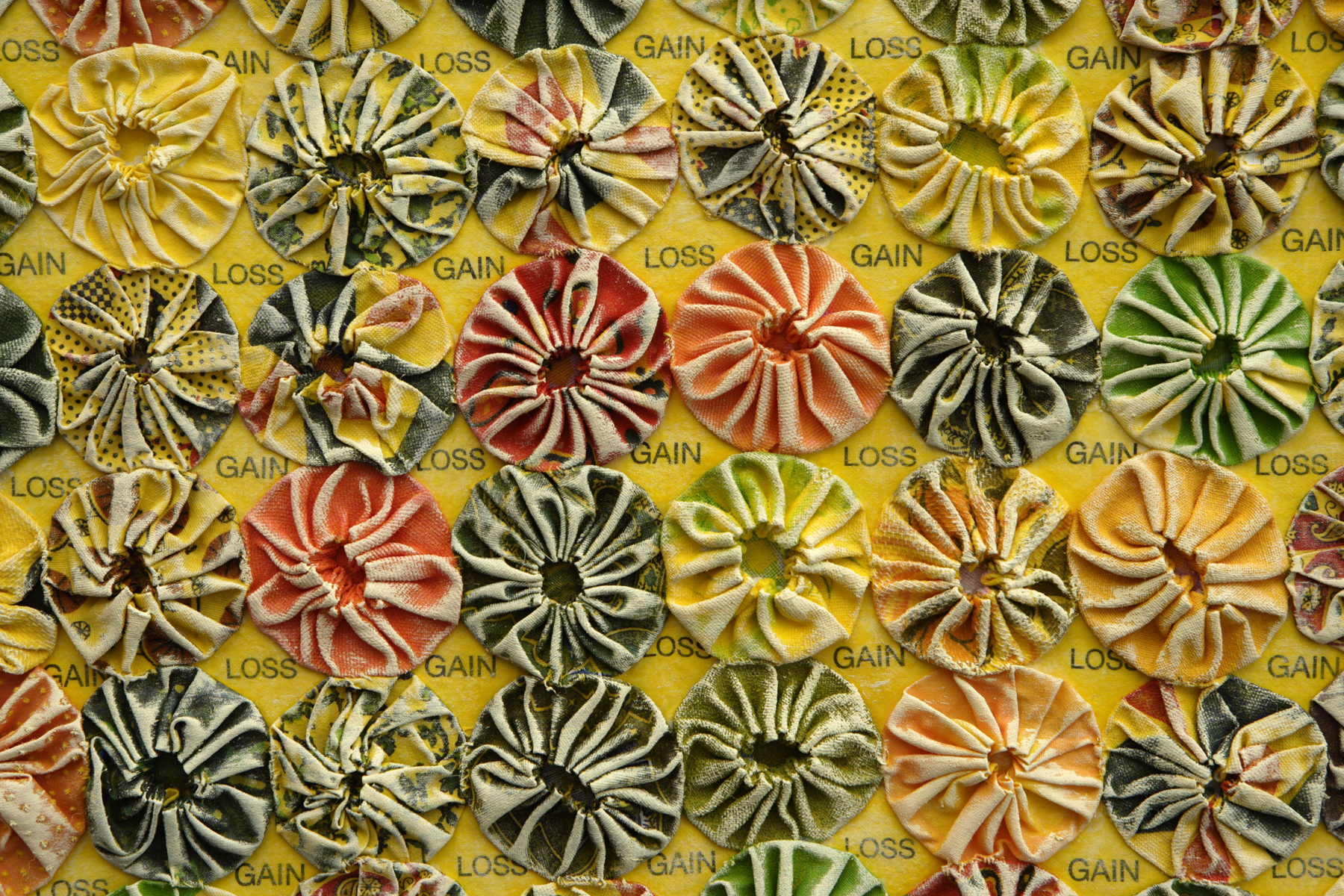 "Gain/Loss (detail)" by Denise Furnish, 31x31in, yoyo quilt patch, archival ink on cotton, acrylic, $900 | BUY NOW