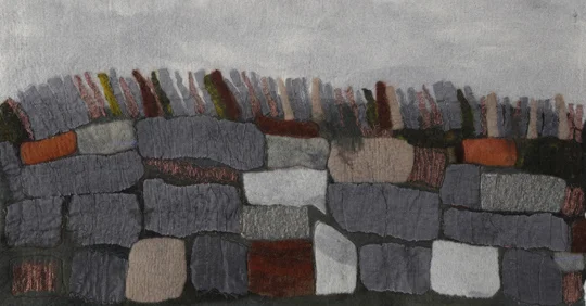 "Gray Day along the Pike" by Vallorie Henderson, 14.5x28in, hand-dyed and felted Merino wool with silk organza, machine stitching, $625 | BUY NOW