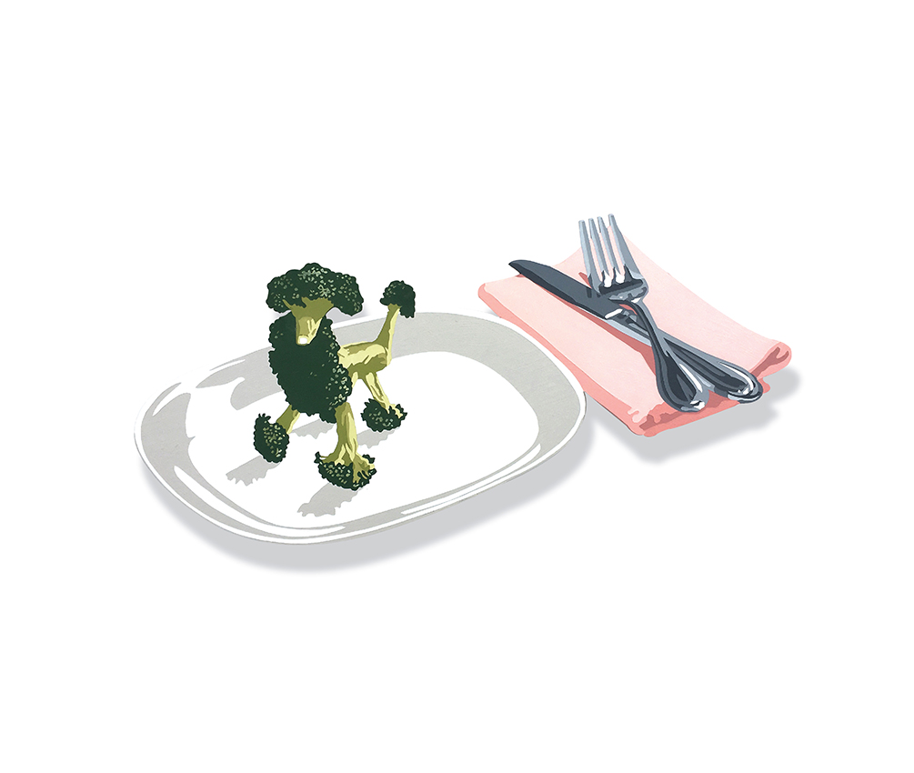 "Eating Animals (Broccoli Poodle)" by Lori Larusso, 19x10in, acrylic on shaped panel (2016), price available on request