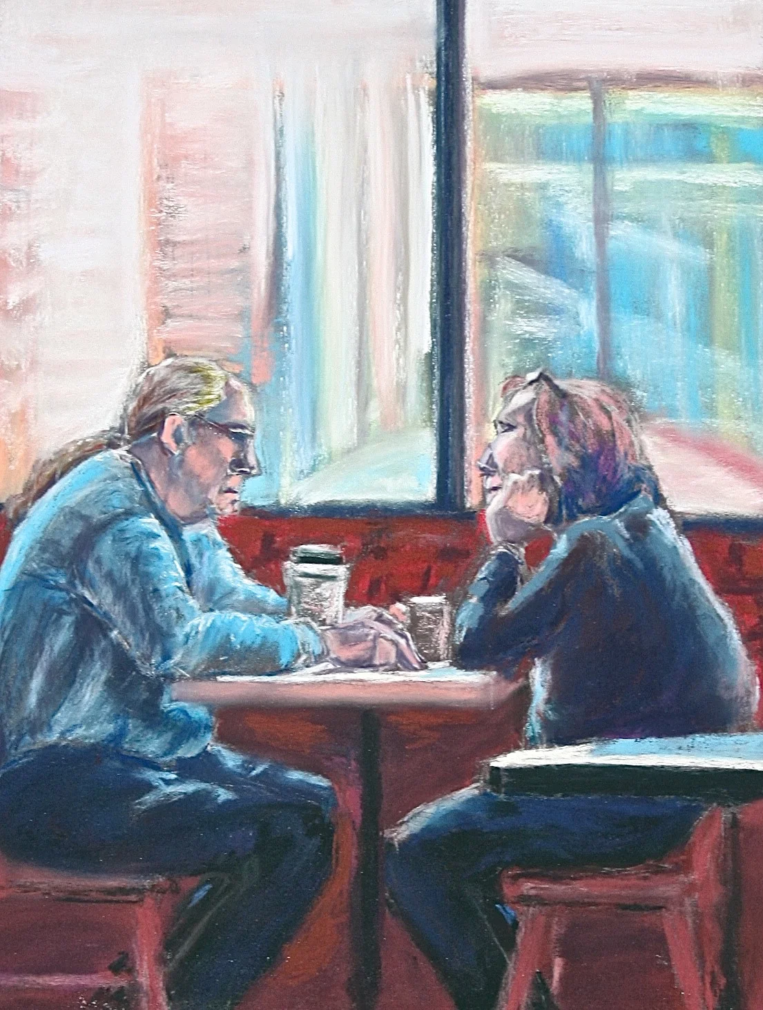 "Coffee Talk" by Barb McDevitt, 12x16in, pastel (2016) $500 | BUY NOW