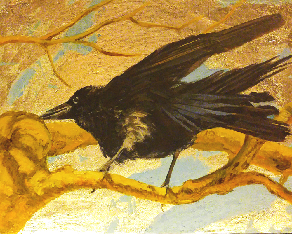 "Balance" by Sabra Crockett, 8x10in, acrylic and metal leaf on canvas (2017)