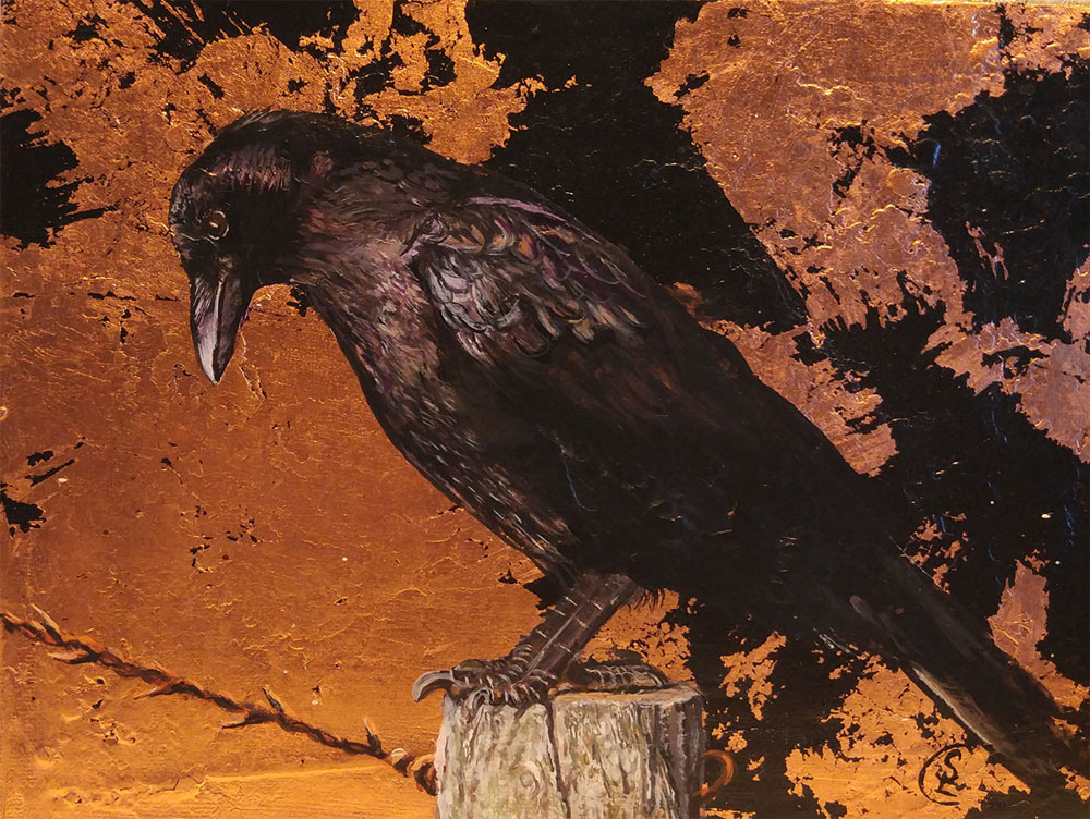 "Judgement" by Sabra Crockett, 10x8in, acrylic and copper leaf on canvas (2016)