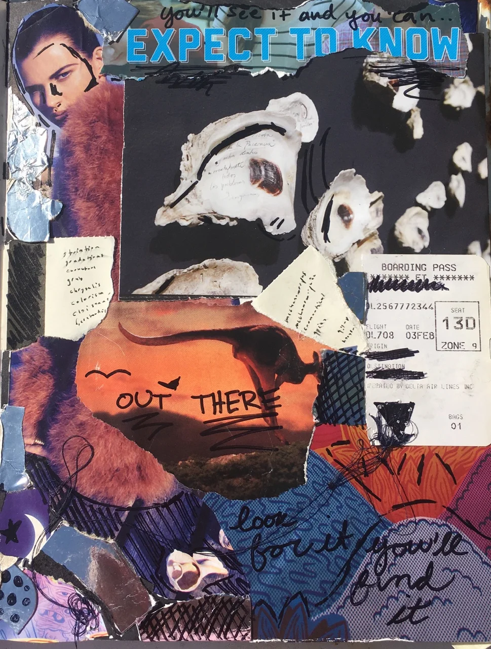 An expressive mixed media collage (paper and thread) by Audrey Heichelbech (2016)