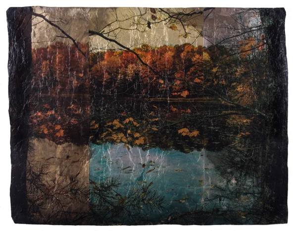 "Through the Trees Comes Autumn" by Jenny Zeller, 30x40in, digital image transfers and oil paint on custom made aluminum substrate