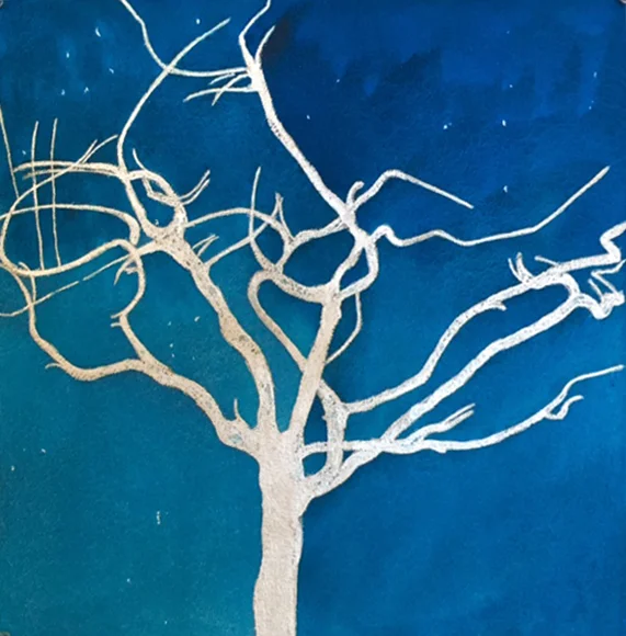 "Light on Broken Places II" by Gretchen Treitz, 15x15in, watercolor, silverleaf (2017)