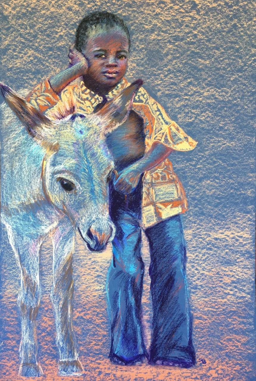 "Burkina Boy and His Donkey" by Susan Brooks, 31x20in, pastel on mat board (2017)