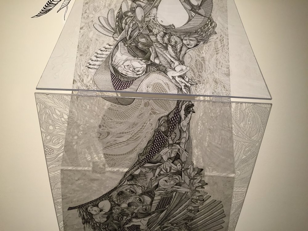 "While You Wait (detail)" by Deb Whistler (Mentor), pen & ink, cut paper & plexiglass