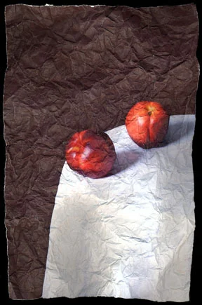 “Still Life with Two Nectarines” by Mitch Eckert, 38x26in, Archival Pigment Print (2006), $850 | BUY NOW