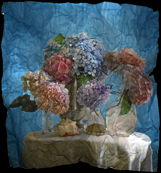 “Still Life with Hydrangea (in blue)” by Mitch Eckert, 30x28in, Archival Pigment Print (2006), $750 | BUY NOW