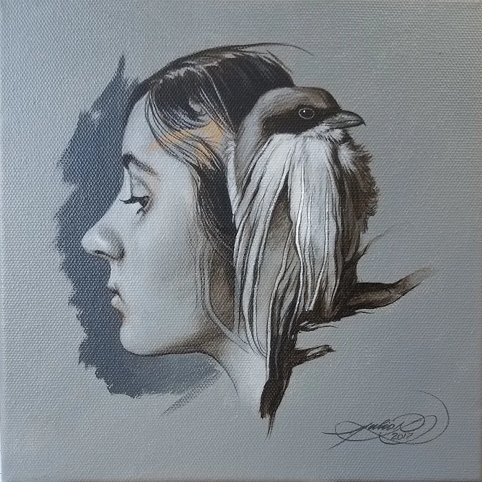 "F" by Julio Cesar Rodriguez, 8x8in, acrylic on canvas (2017)