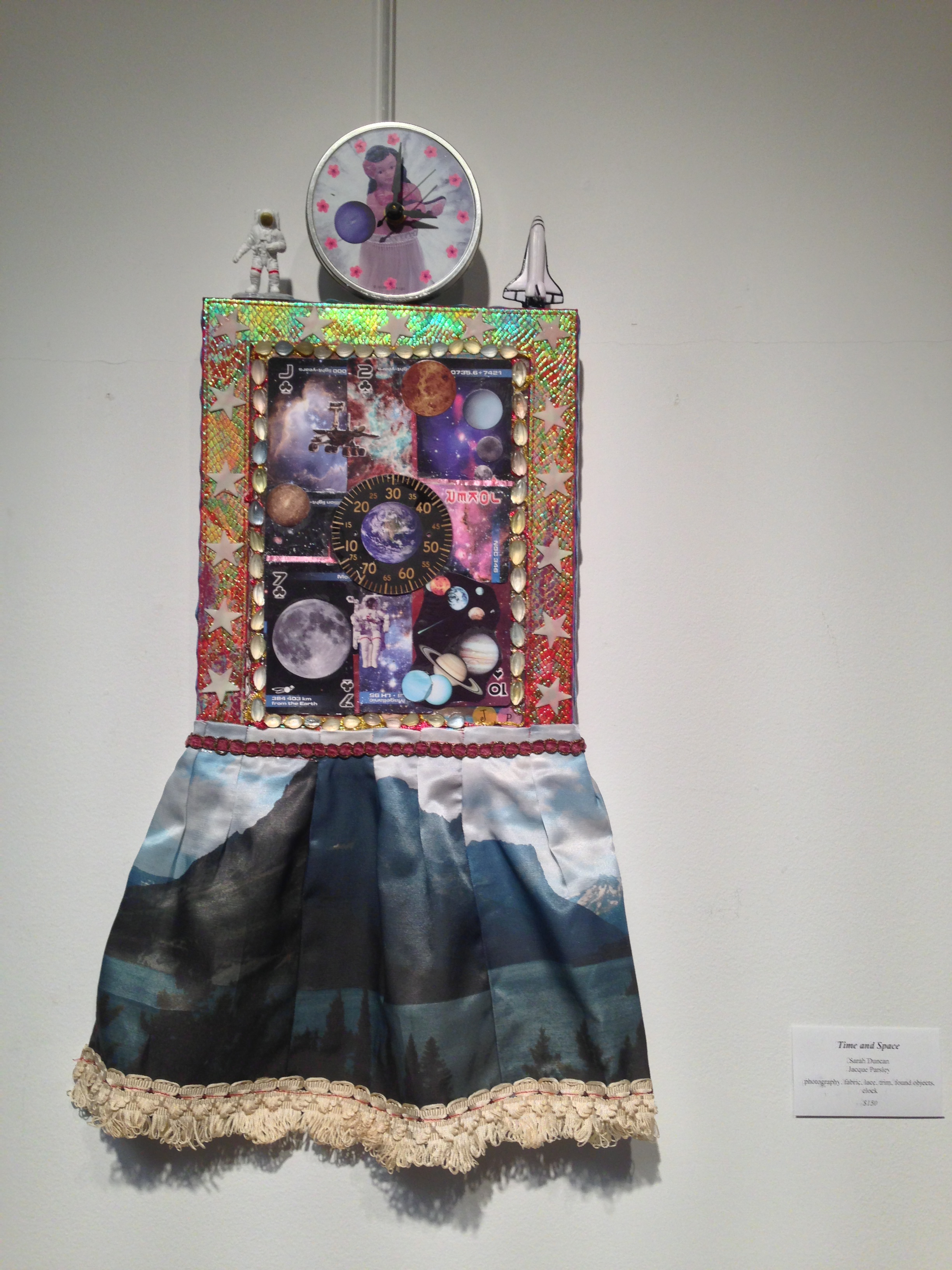 Time and Space, Sarah Duncan & Jacque Parsley, photography, fabric, lace, trim, found objects, clock, Price not available. (Photo courtesy of Kelly Rains.)