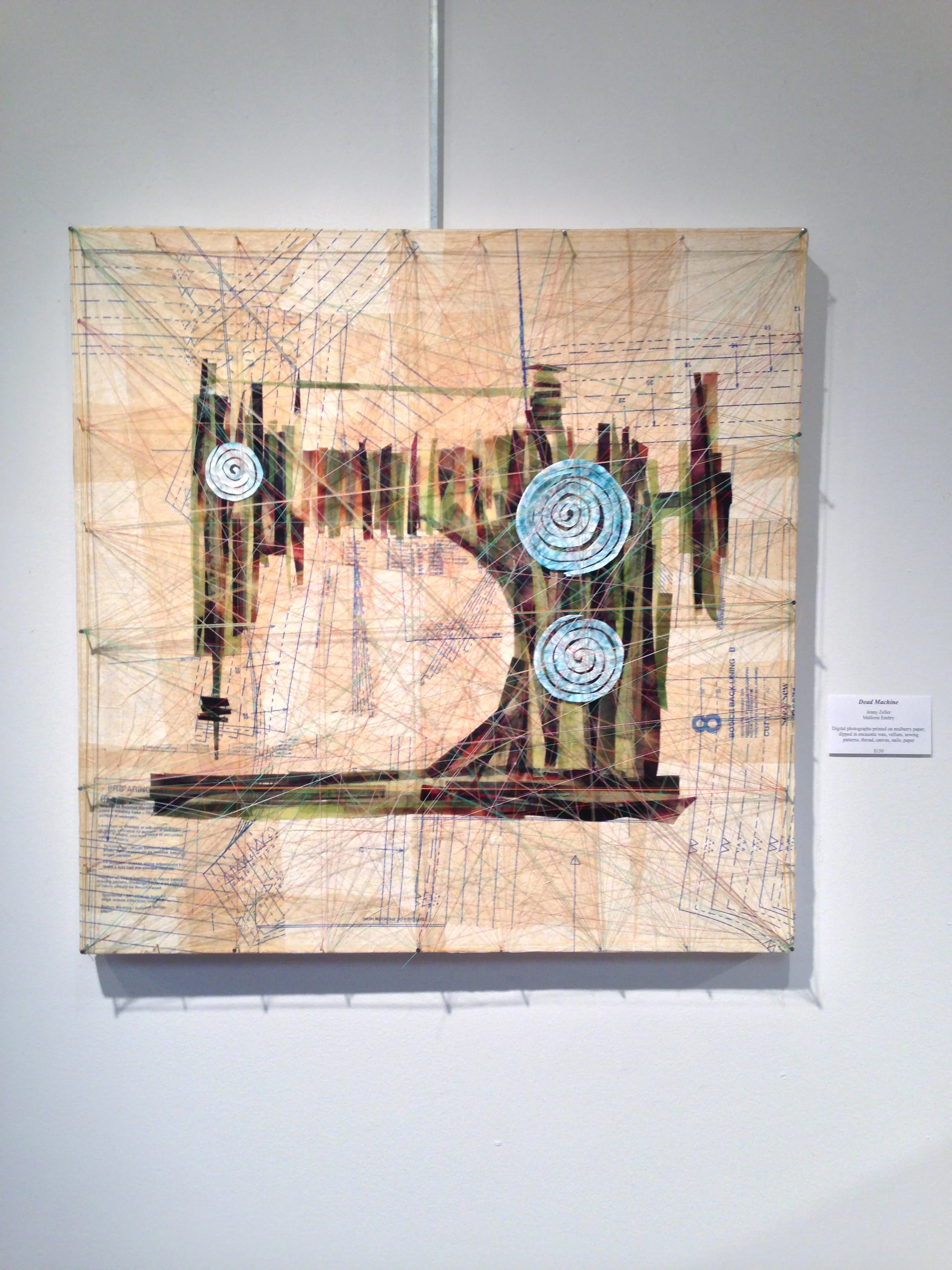 Dead Machine, Jenny Zeller & Mallorie Embry, digital photography printed on mulberry paper dipped in encaustic wax, vellum, sewing patterns, thread, canvas, nails, paper, Price not available. (Photo courtesy of Kelly Rains.)