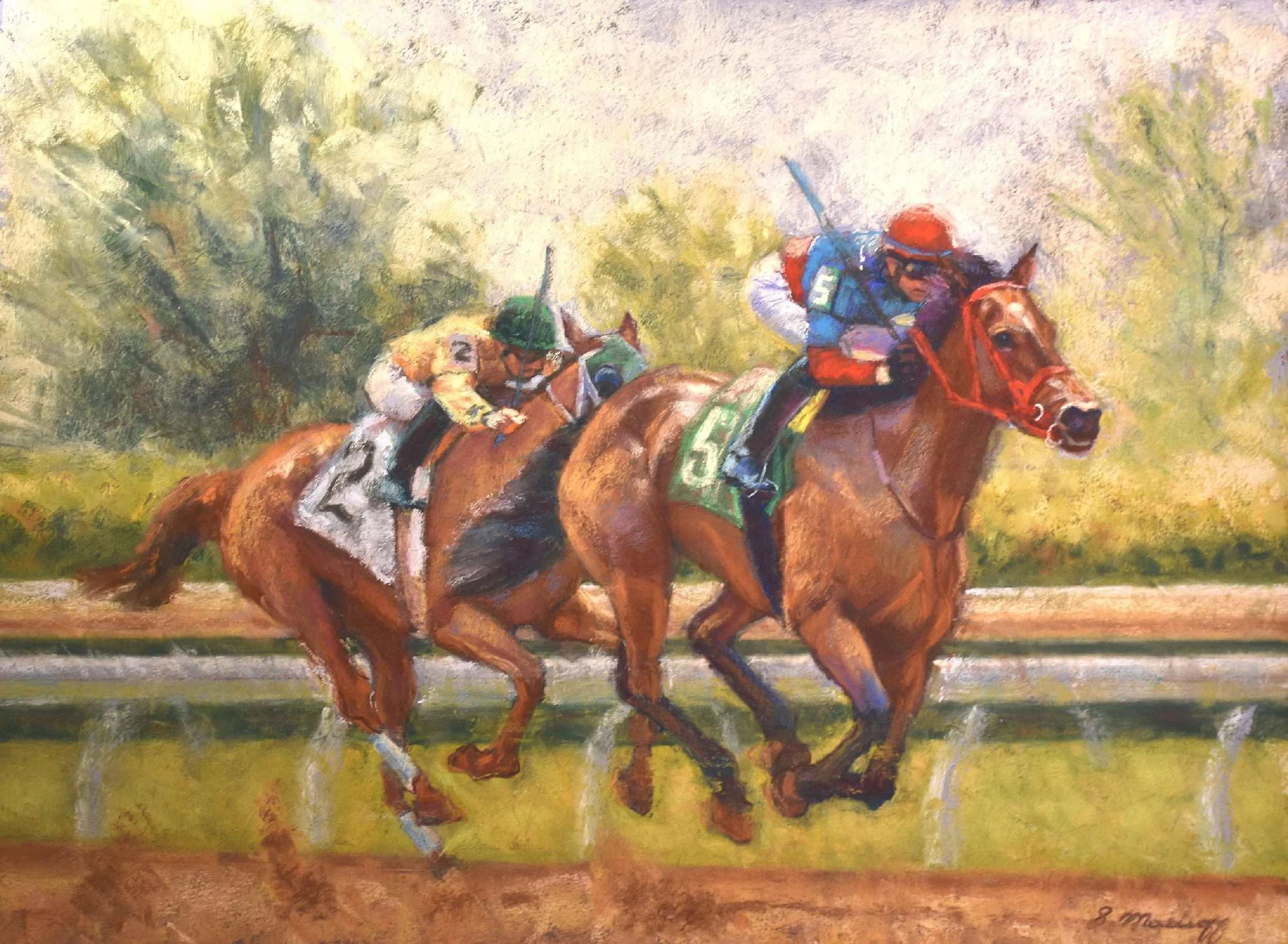 "Catching Up" by Sharon Matisoff, 19x36in, pastel on sanded paper (2017)
