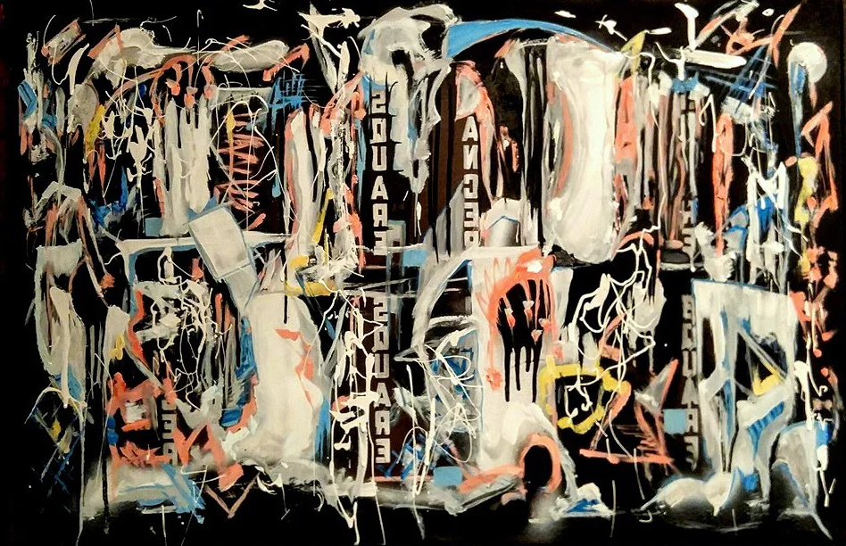 "It's What You See, Not What You're Shown" by Margaret Archambault, 32x23in, oil and spray paint on canvas (2016), $850 | BUY NOW