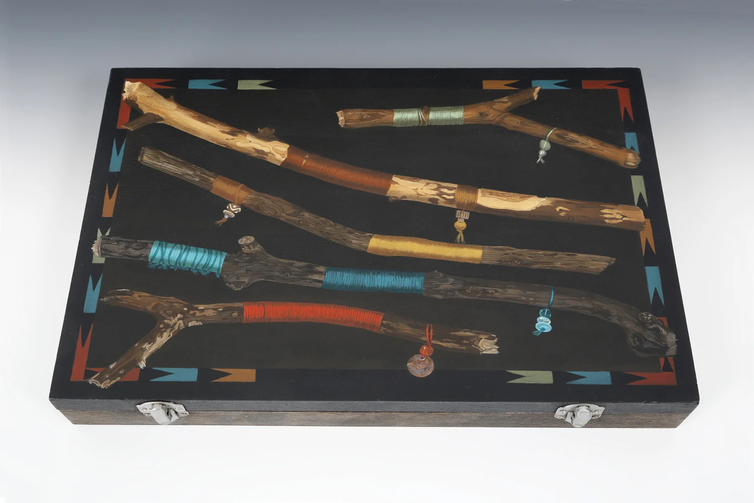 "Multicolor Stick Fetish Box" by Wendi Smith, Acrylic on reclaimed pine box, sticks, floss, beads, 9.25 x 14 x 1.25in, 2017