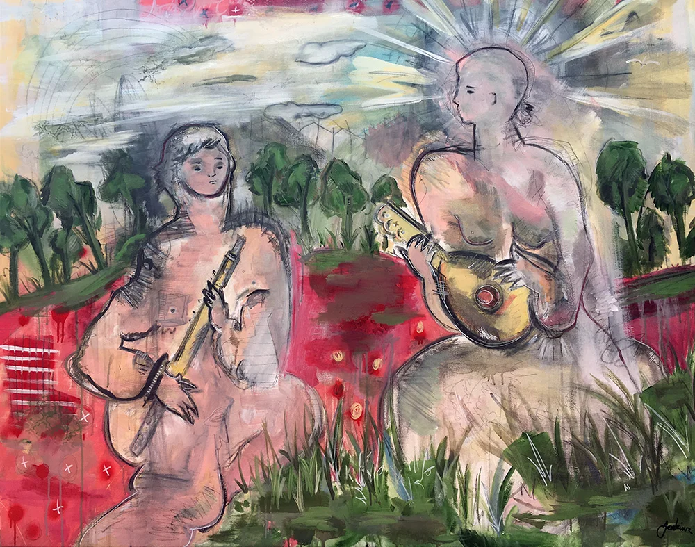 "Two Folk Musicians In Nature" by Joshua Jenkins, Acrylic & mixed media, 60x72x1.5 in, 2017, $3000