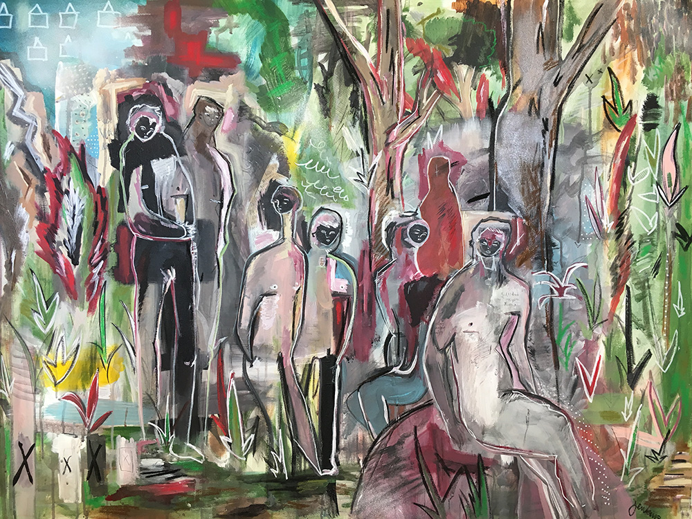"People in the Woods" by Joshua Jenkins, Acrylic & mixed media, 48 x 36 x 1.5 in, 2017, $2200