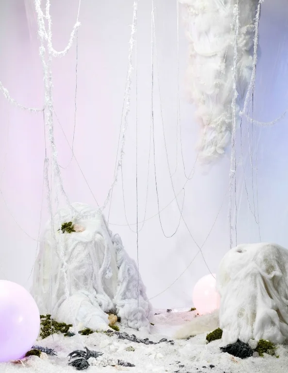 "Lair" by Elizabeth Hardy, grown-crystal, fiber, plaster, stone, crystallized moss, mixed media, 10 x 12 x 6ft, 2016