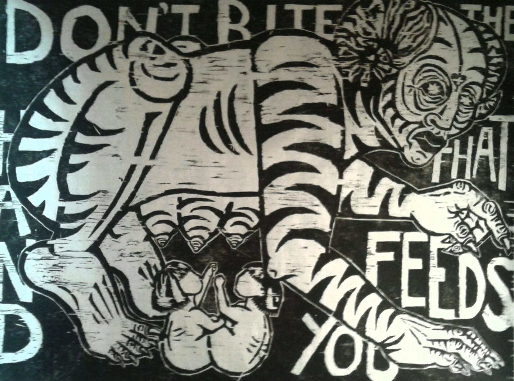 "Don't Bite The Hand That Feeds You" by Cori Hills, Print series of 10, black ink on Asian paper, 4x3ft, 2017, $400