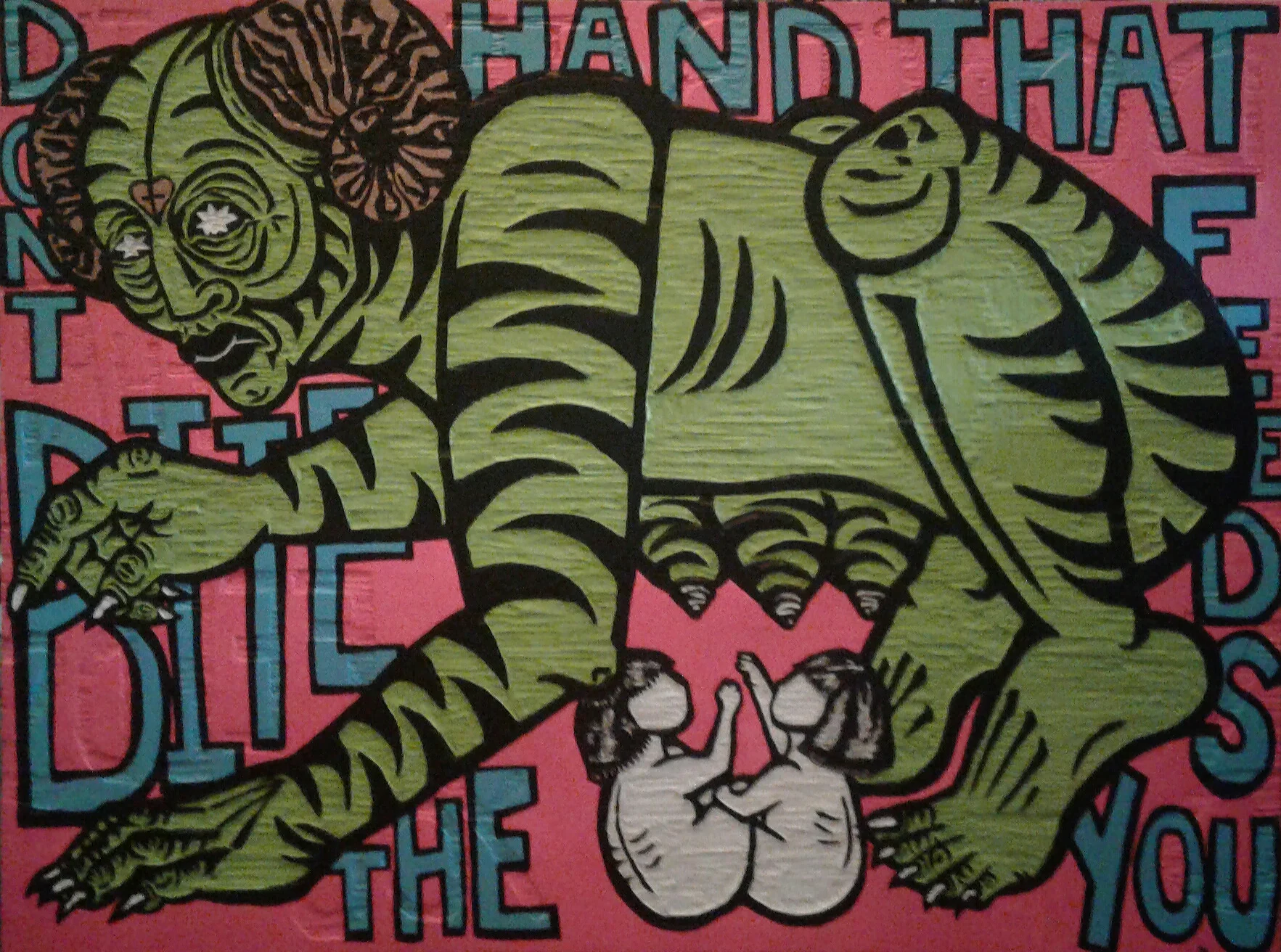 "Don't Bite The Hand That Feeds You" by Cori Hills, Acrylic paint, spray paint on hand-carved woodcut, 4x3ft, 2017, $3500 (Prints unavailable)