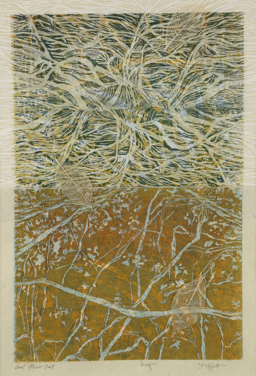 "Cool Flow, Fall" by Susan Moffett, Relief Monoprint Collage, 14x20in, 2016