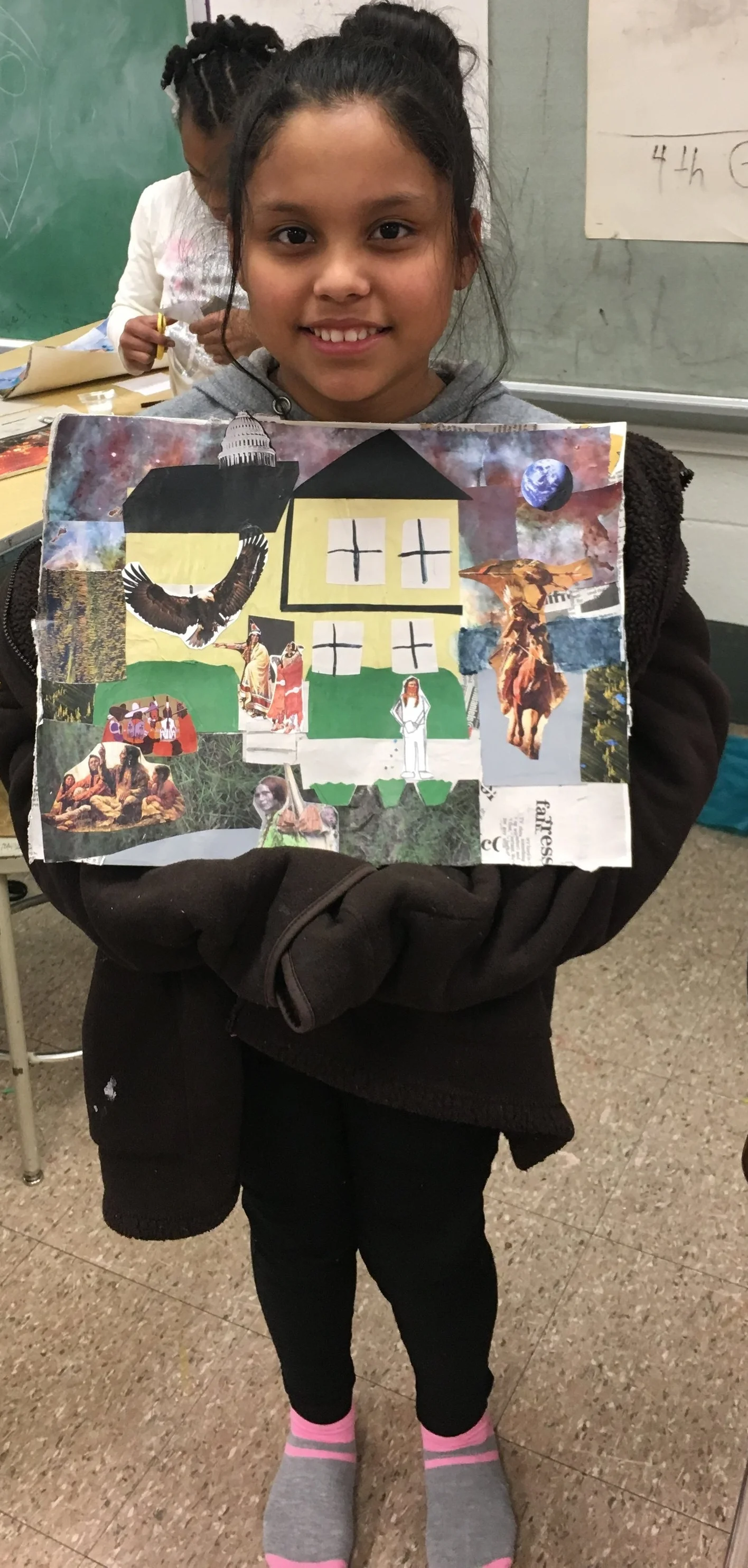 Here are more personal photos of when CFAC instructor Julia had King Elementary 4th & 5th-grade students look at Romare Bearden's collage paintings, then discussed how to make a landscape of their home. They talked about historical figures and heroes, and what those heroes would be wearing and doing if they lived in their neighborhood. This is mainly a collage project but students were allowed to expand into other materials once they covered the whole page.