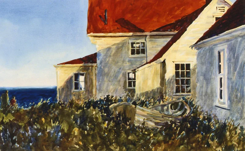 "Late Afternoon at Monhegan Light" by Robert Halliday, Watercolor on arches paper, 25s35in, 1997, Private Collection