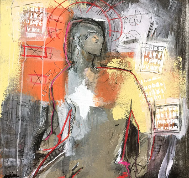 "A Portrait of a Young Man That Knows Something" by Joshua Jenkins, Acrylic and mixed media on canvas, 24x24x1.5in, 2018, POR (available at Revelry Gallery)