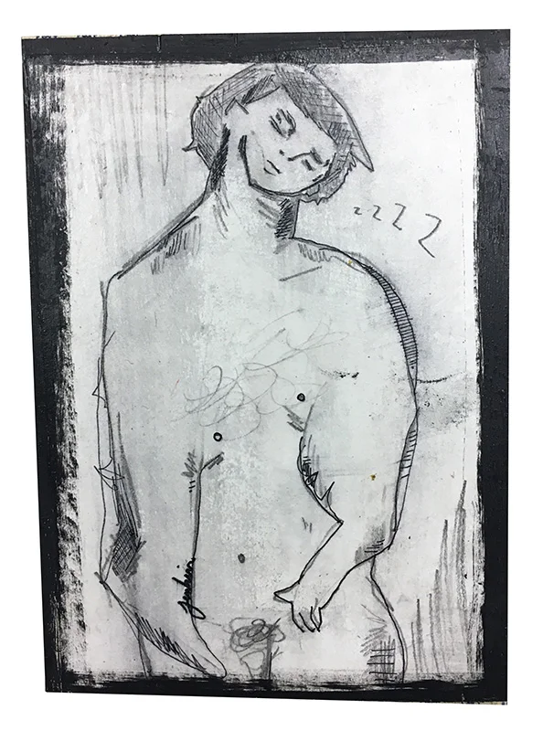 "Sleeping Nude Figure" by Joshua Jenkins, Drawing on wood, 5x7x0.5in, 2017, $45 (available et KORE Gallery)