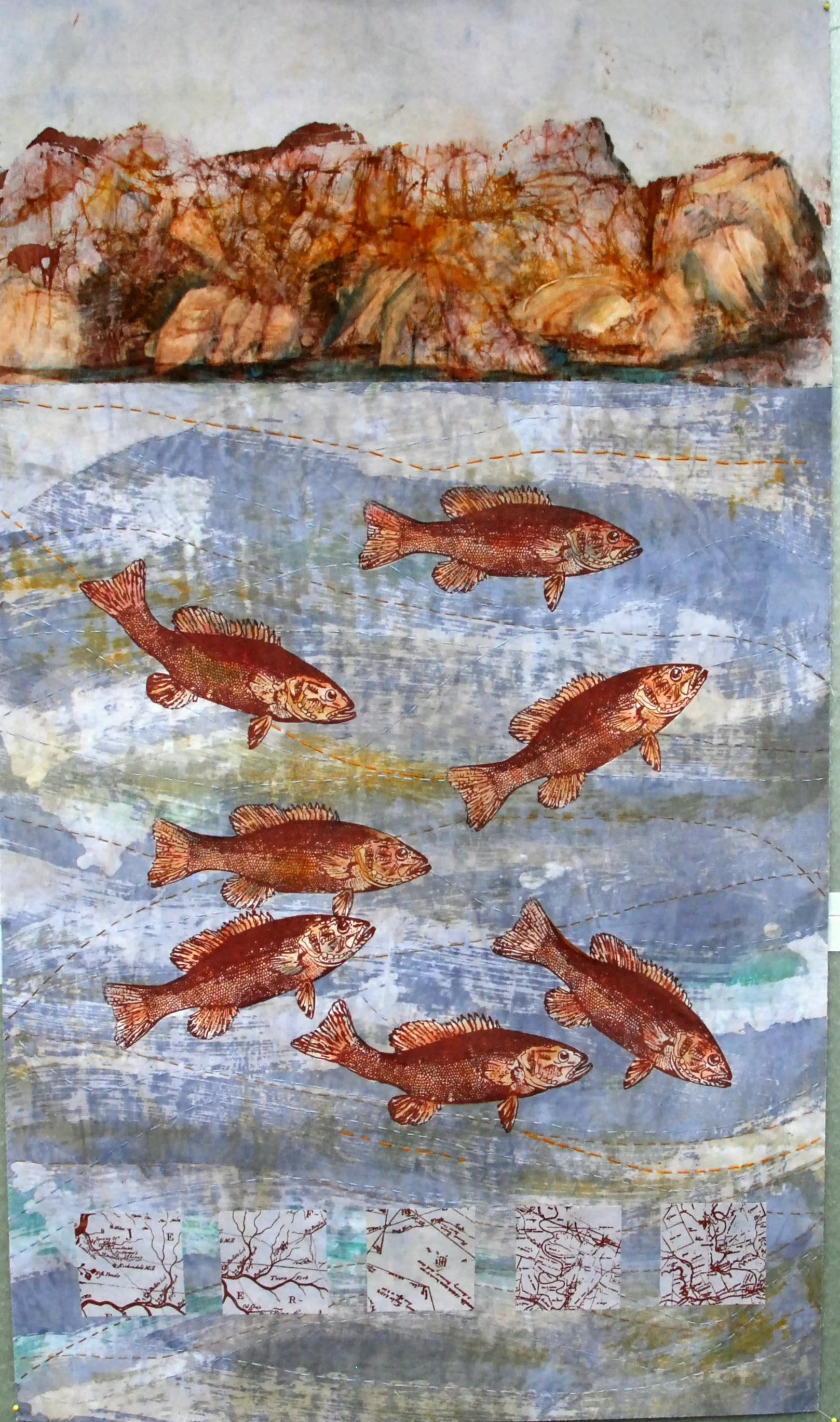 "Water Dance, Floyds' Fork" by Joanne Weis, Cotton, hand dyed, printed, stitched, 26.5x46in, 2018, $400