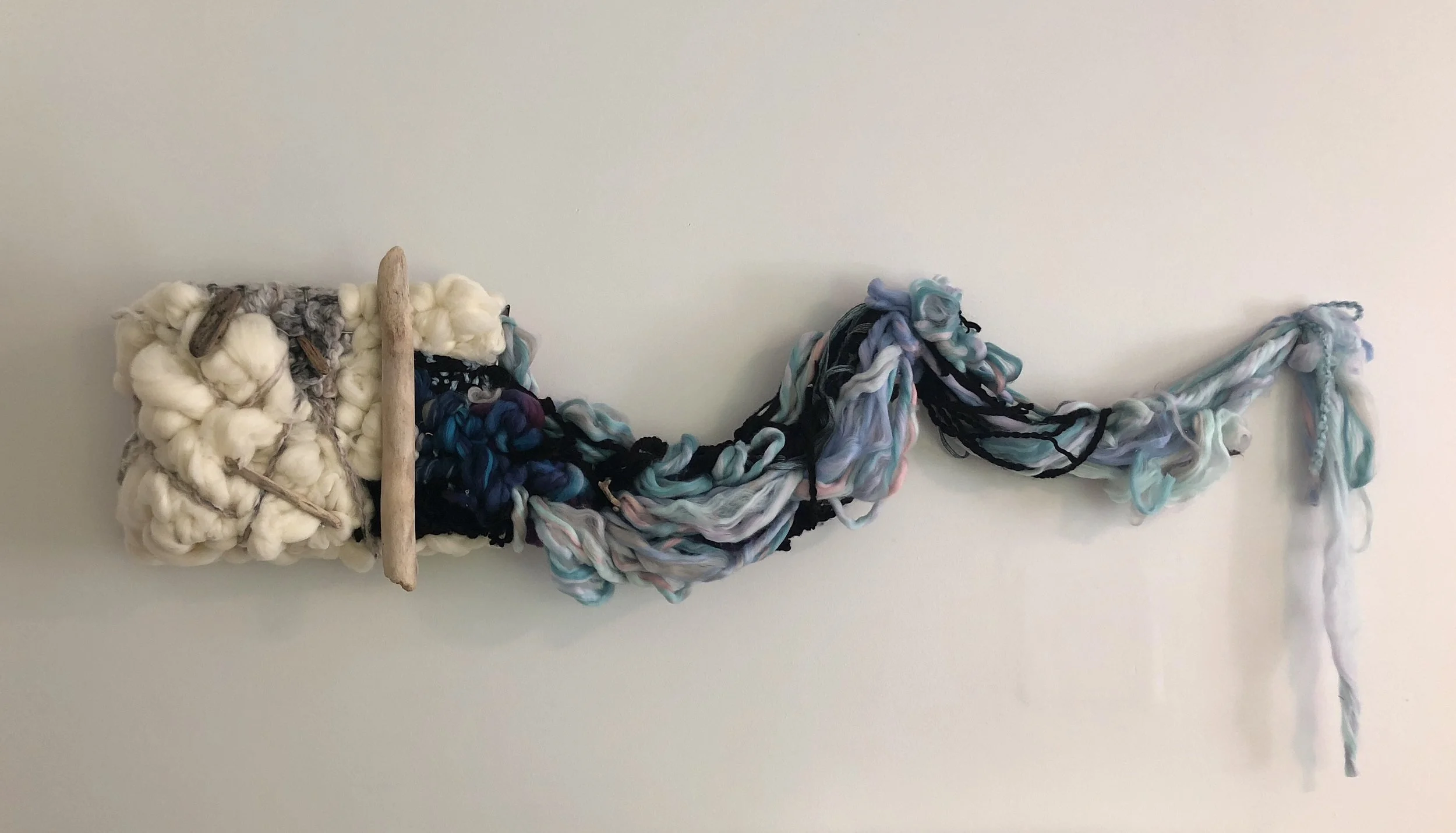 "Up The River" by Stephanie Tanner, Mixed Media Fiber Art Metal, Wool, Driftwood, 12x60in, 2018, $600