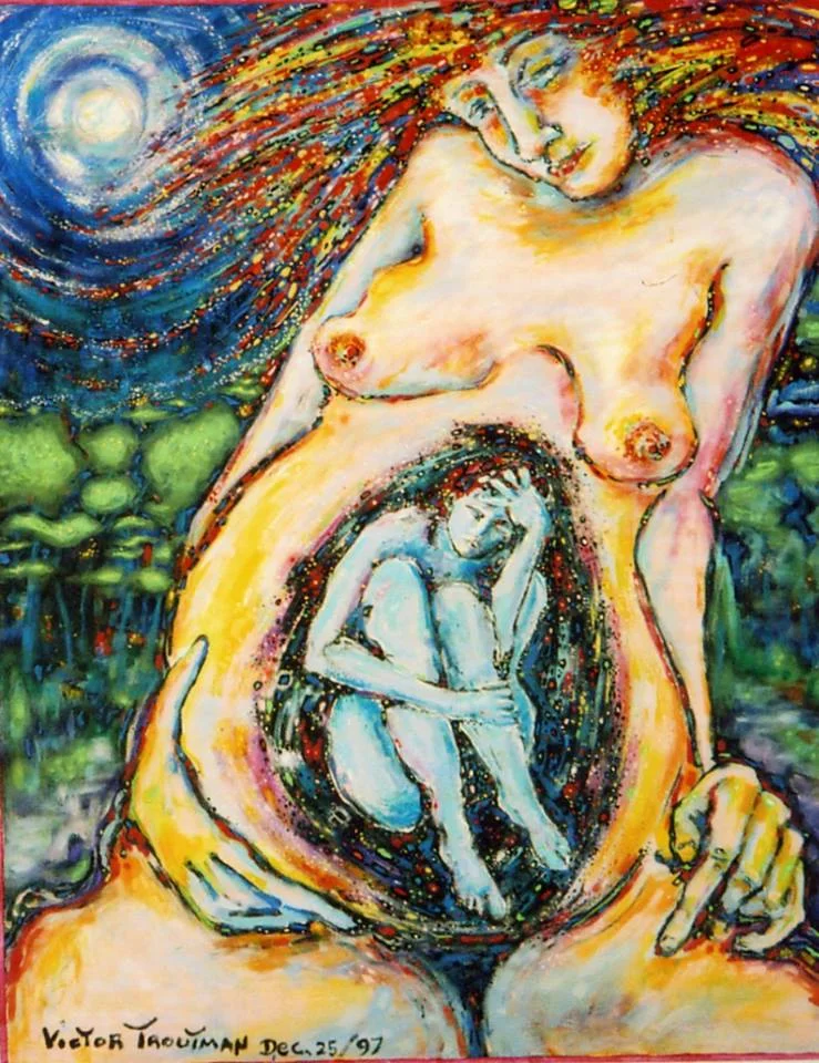 “Christmas Day in the Womb” by Victor Troutman, Acrylic on panel, 24x30in, 1997, Private Collection