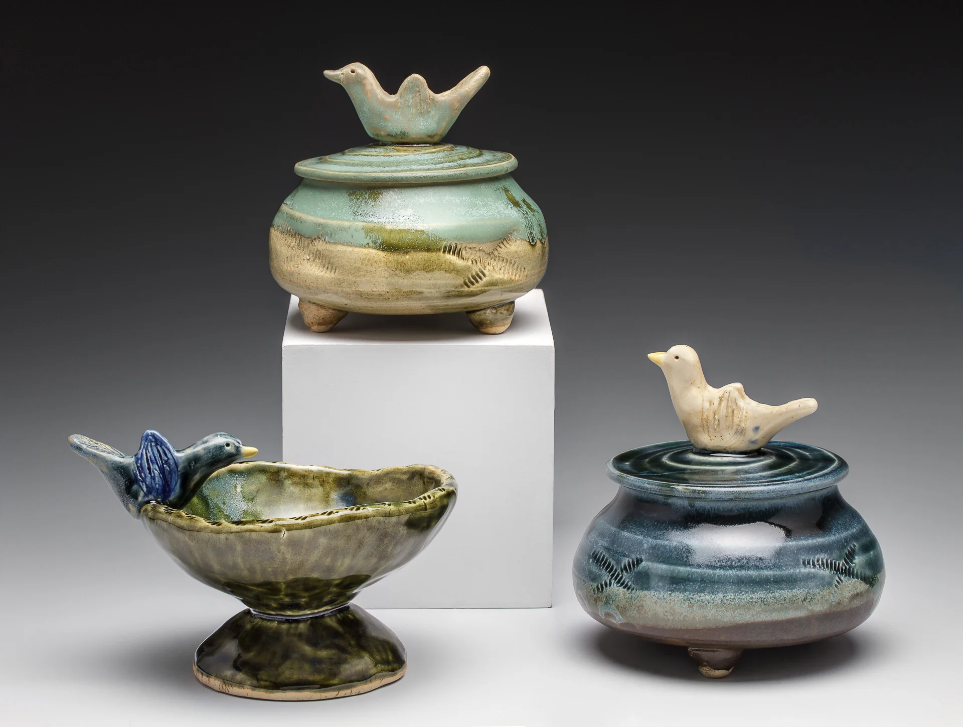 "Jewelry Jars and Ring Holder", by LIsa Kurtz, Stoneware, thrown and pinched, Jars: 3.75x4x3.5in, SOLD, Ring Holder: 3.75x5.4in, SOLD