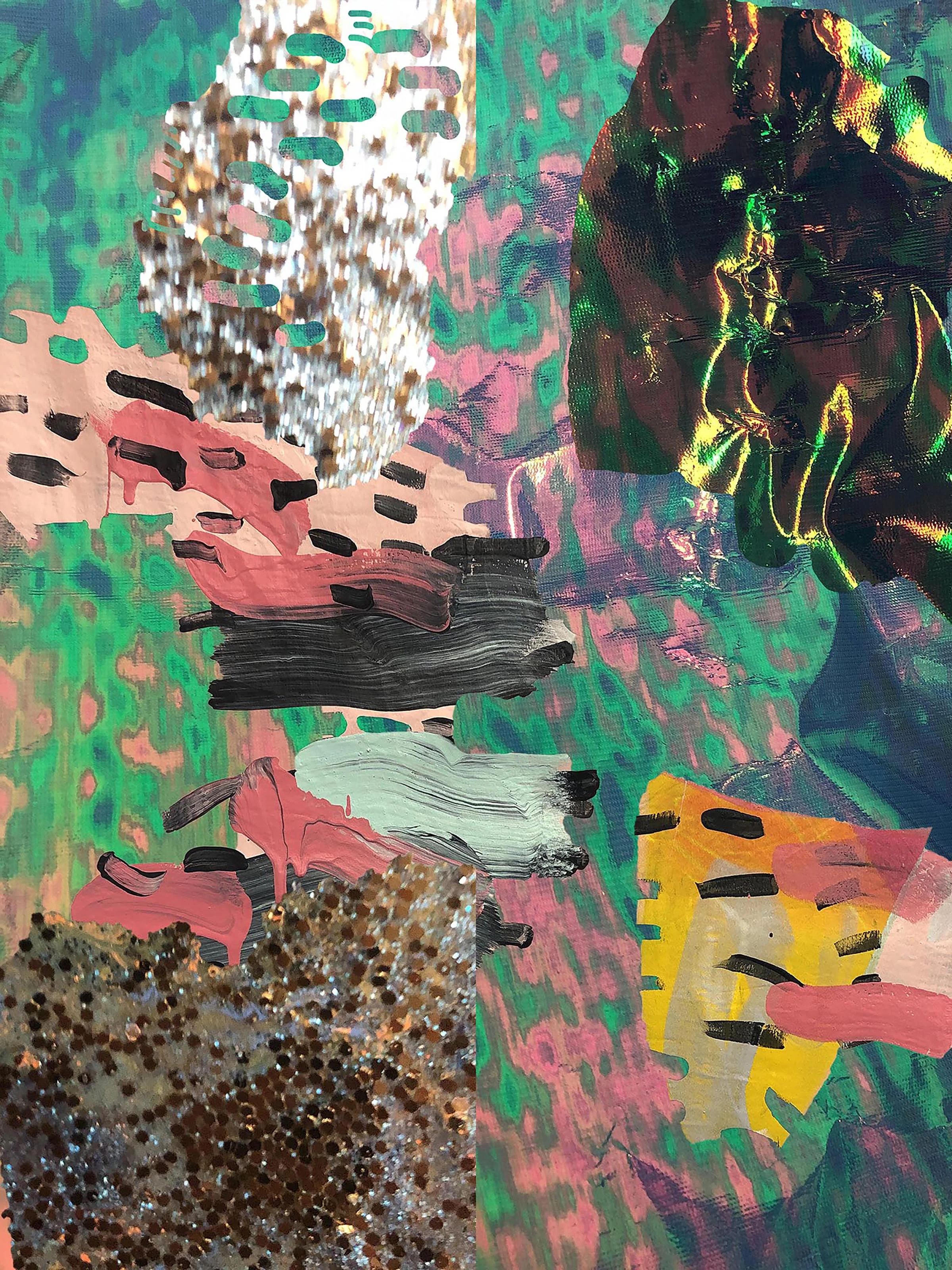 “35 THINGS THAT HAVE ONCE TOUCHED EACH OTHER STAY UNITED” by Megan Bickel, c-print. Digital Collage of artist materials: glitter, holographic film, excerpts from "too nice"