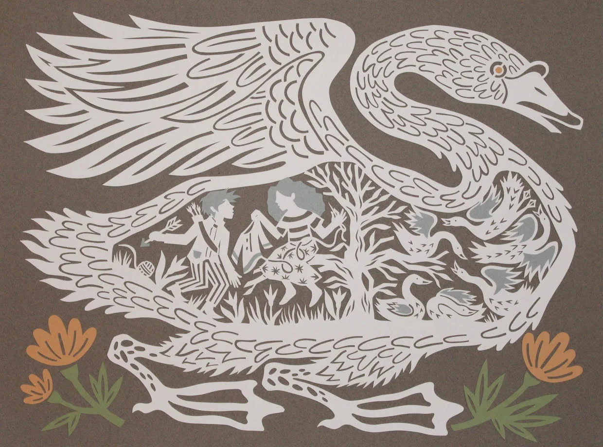 “The Six Swans” by Monica Stewart,, Cut paper 15 1/2 x 11 1/2 inches, 2017