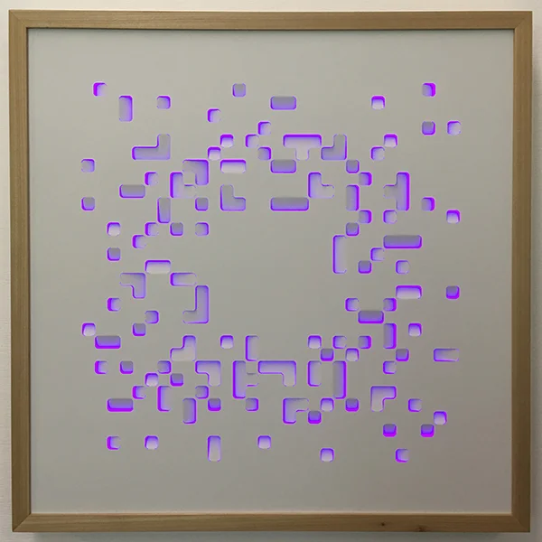 “Cloud Extrusion” by Steve Heine, laser-cut and folded steel, primer, poplar, integral LED panel, 30x30x3in, 2018, $3900