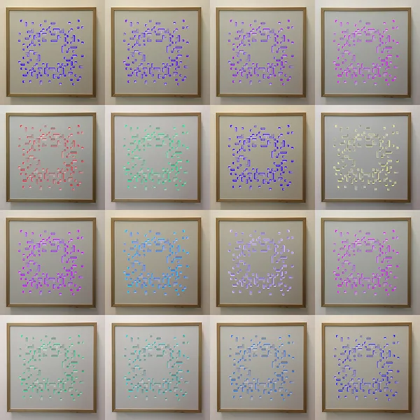 “Cloud Extrusion” (multiple images) by Steve Heine, laser-cut and folded steel, primer, poplar, integral LED panel, 30x30x3in, 2018, $3900