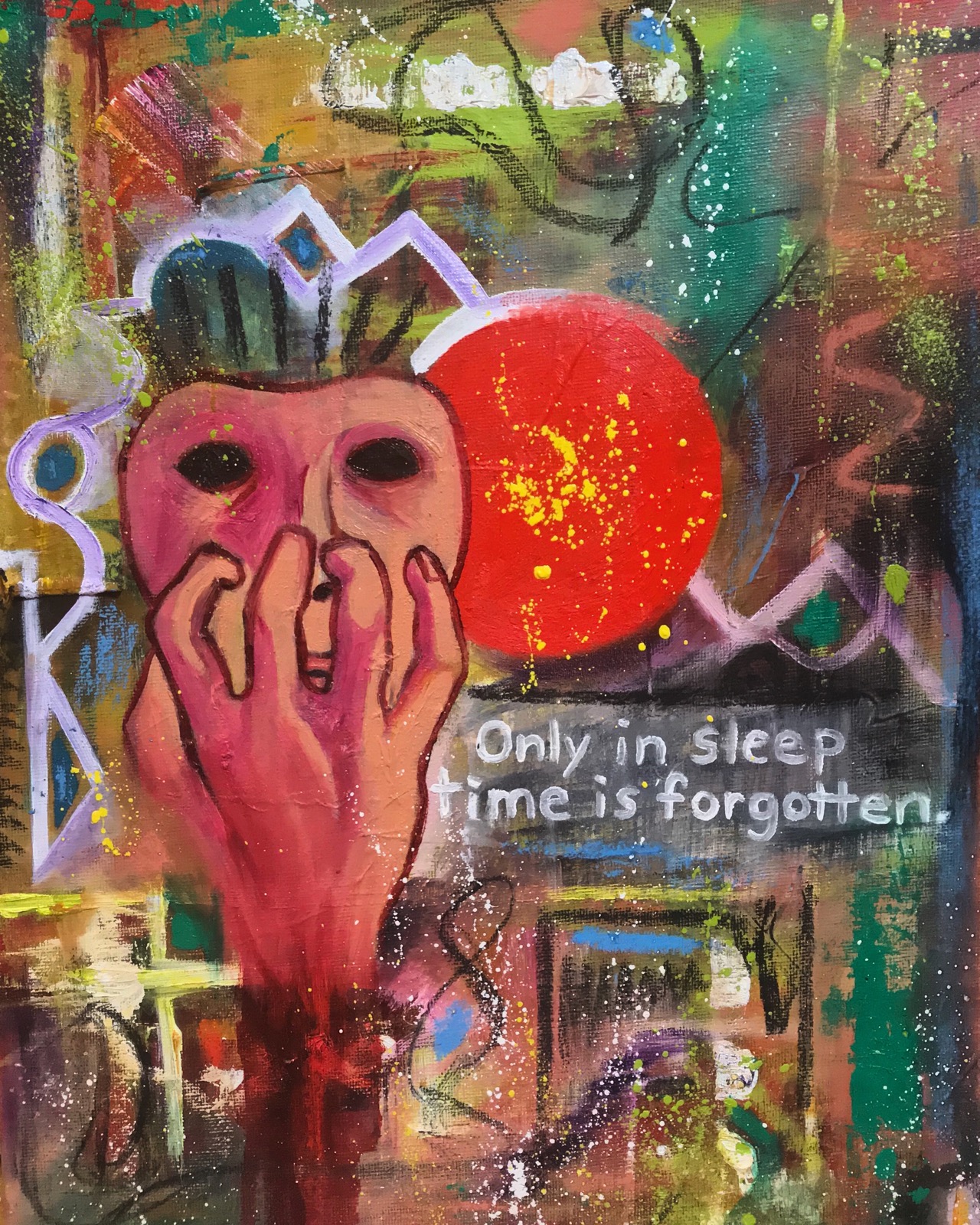 “Who Can Know?” by Brennen Cabrera, Mixed Media; Mixed Media; Oil, Acrylic, Soft Pastel, Charcoal, and Textile on Canvas, 14x11in, 2018, $175