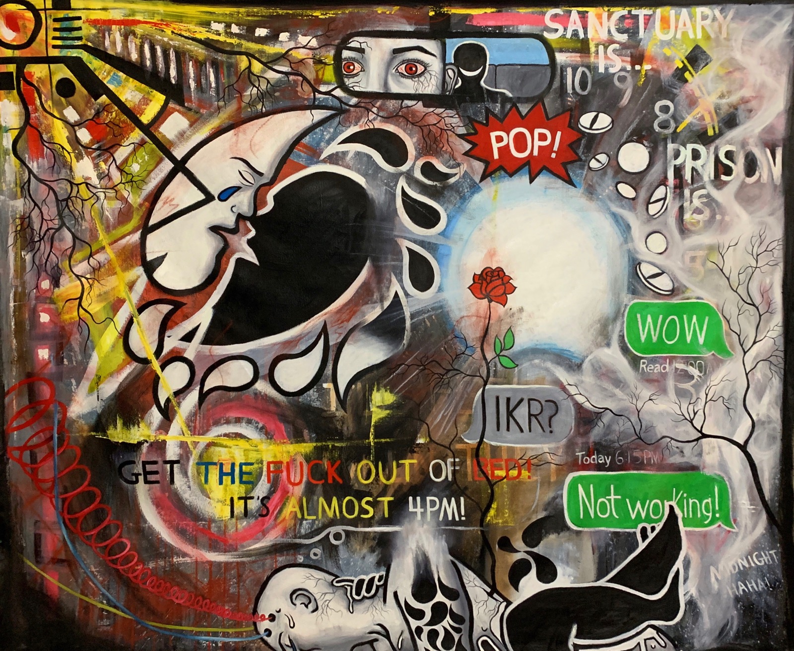“As the Ball Drops” by Brennen Cabrera, Mixed Media; Oil, Acrylic, and Soft Pastel on Canvas, 60x75in, 2019, $2000