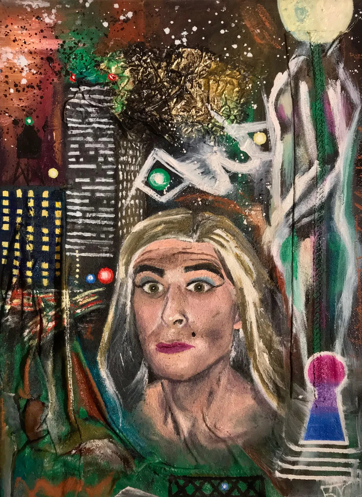 “Nightlife” by Brennen Cabrera, Mixed Media; Oil, Acrylic, Soft Pastel, Wrapper, and Shirt Scraps on Canvas, 14x11in, 2018, $175