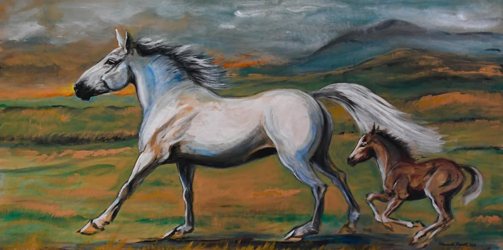 “Mare and Foal” by Monica Barnett, Acrylic on wood, 48x24in, 2019, $975.