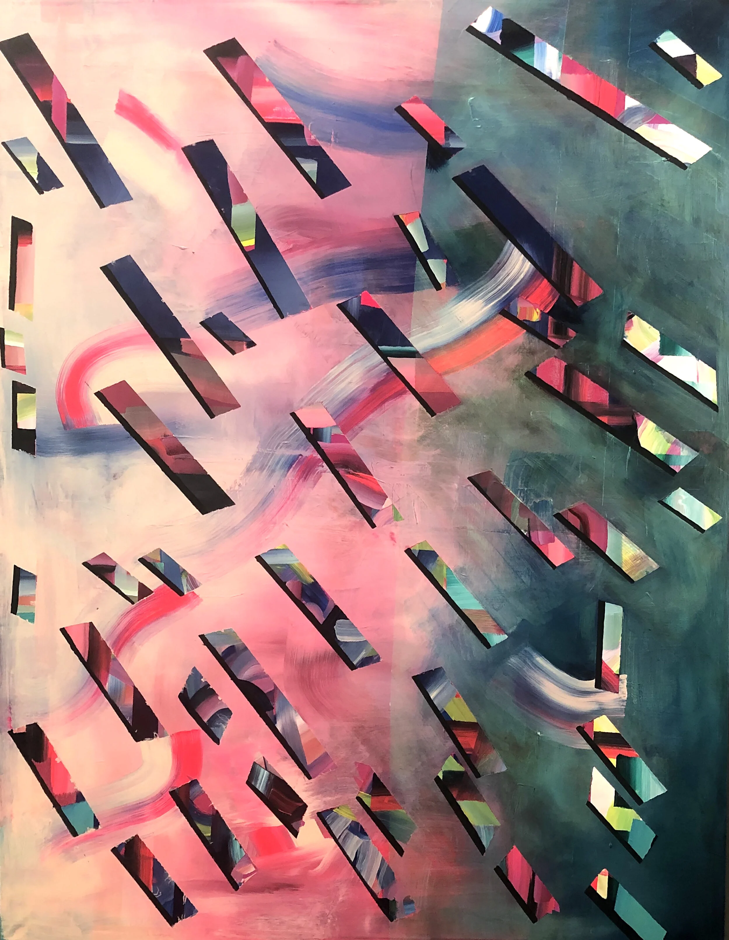 “There Was No Template for His Perceptions” by Megan Bickel, Acrylic on lycra with holographic inkjet print. 44x60in, 2019