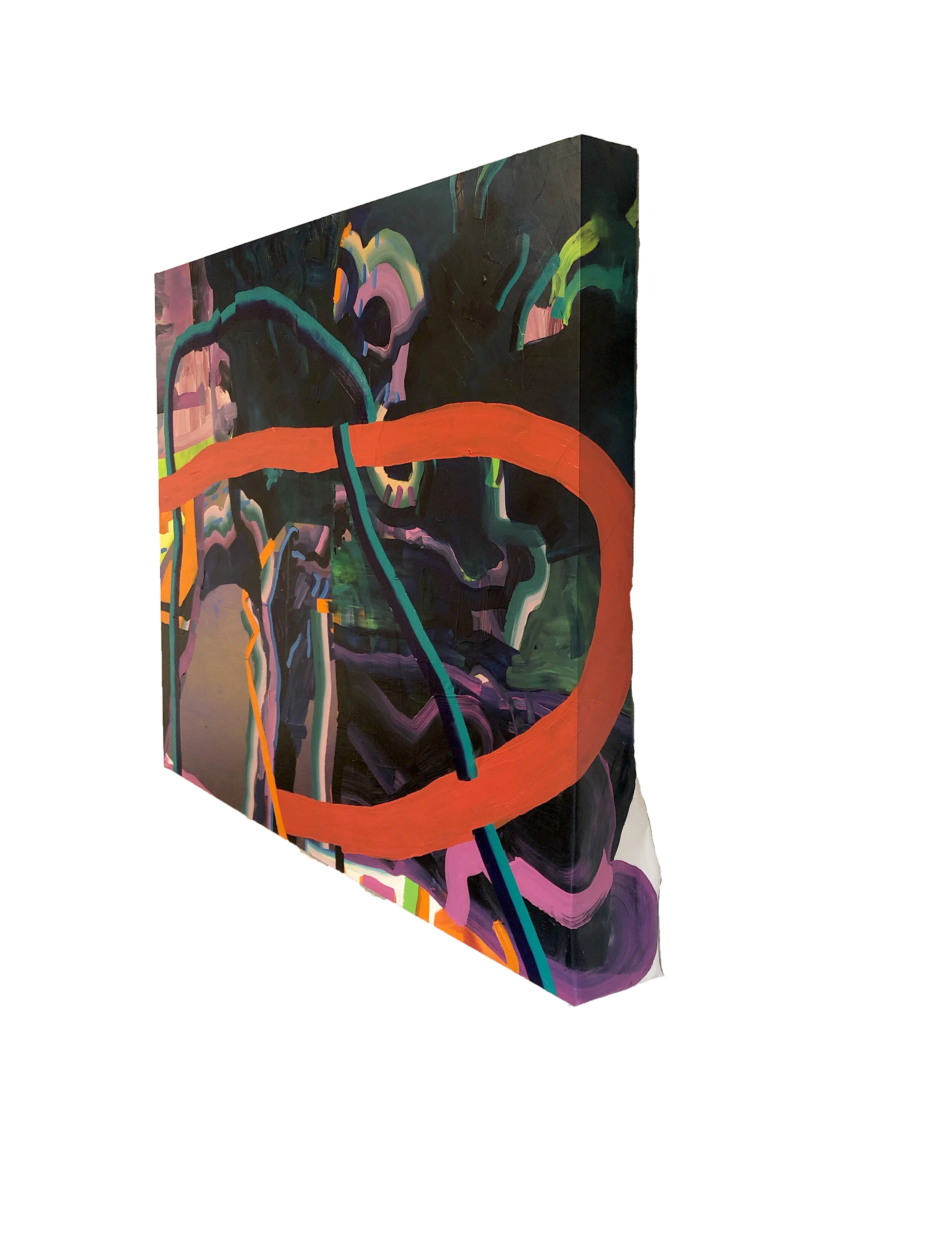 “TOO FLAT APARTMENT” by Megan Bickel,. Acrylic on lycra with holographic inkjet print. 3x4ft, 2018