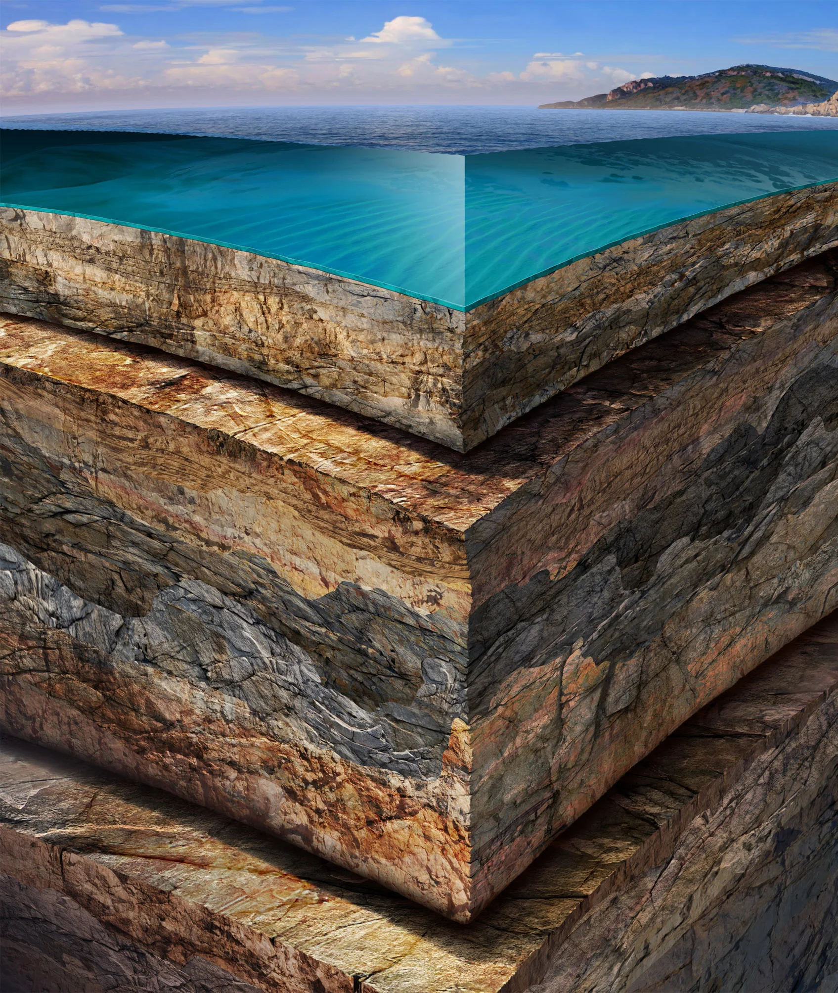 Energy art illustrating strata in offshore drilling environment.