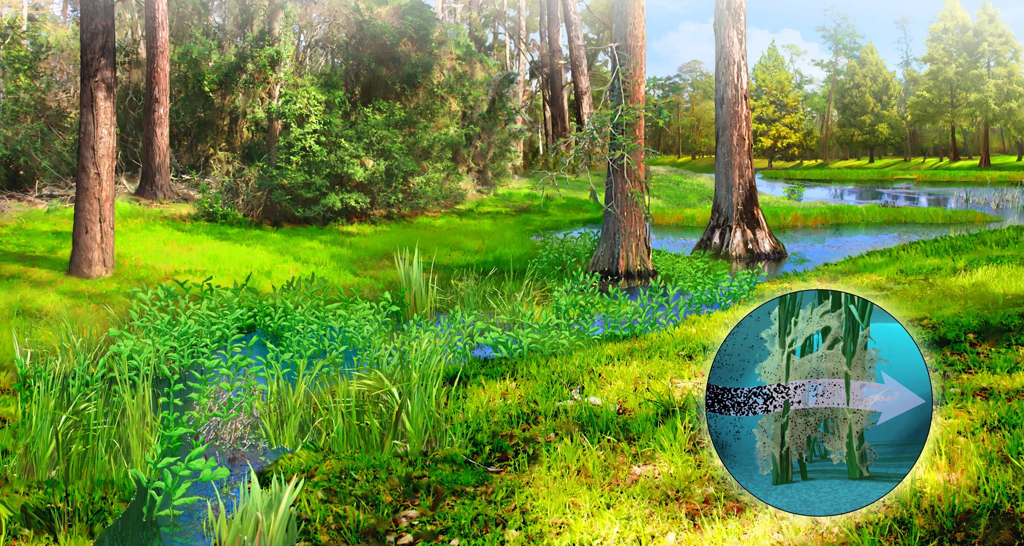Environmental art illustrates natural filtering in waterways and wetlands.