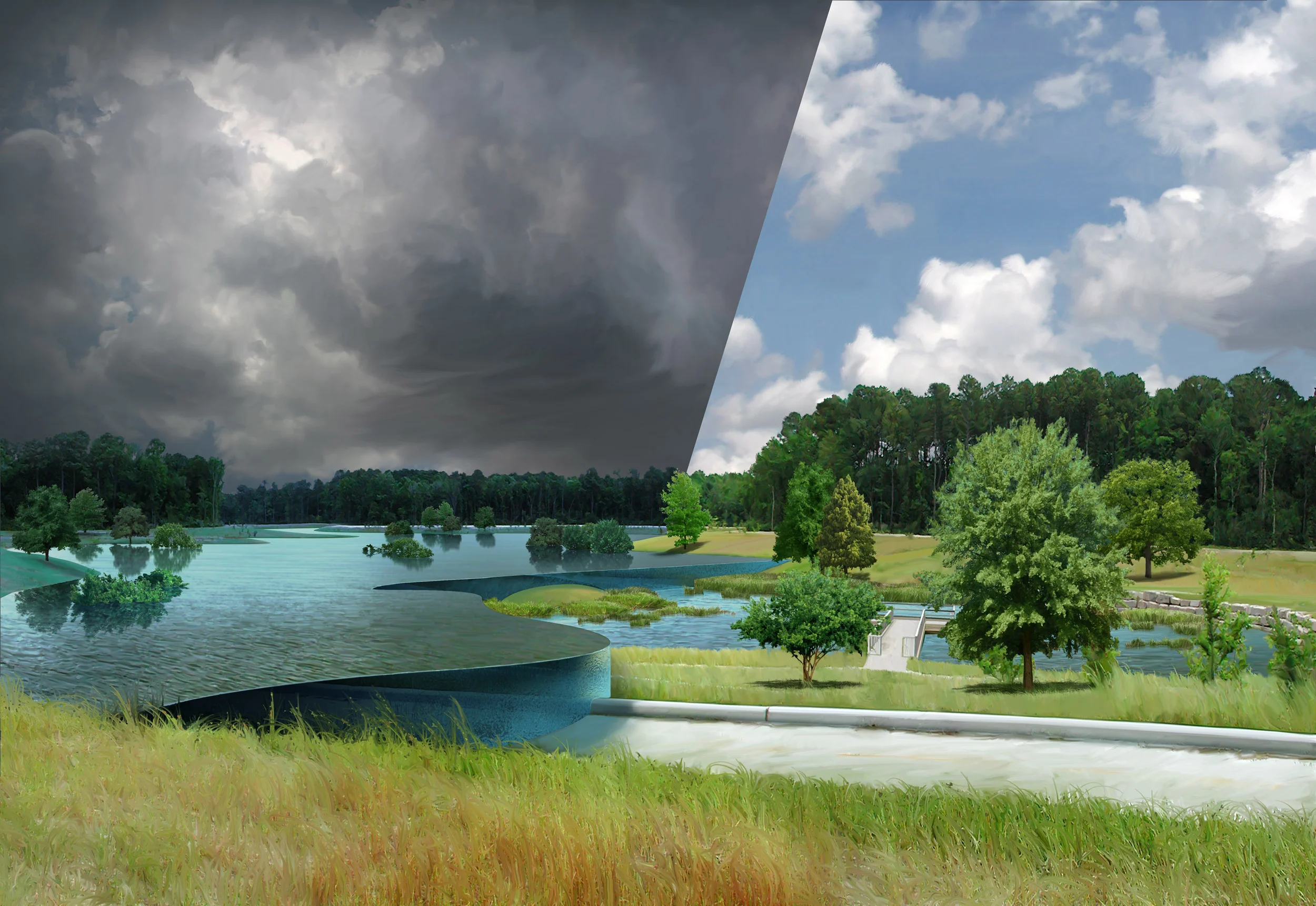 Environmental art illustrates a detention basin during both flood event and normal stage.